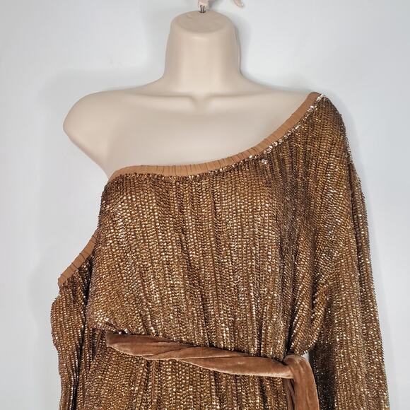 Retrofete Giselle Tie Waist Mini Dress Taupe Bronze Beaded Sequins Heavy XXL - Picture 5 of 11